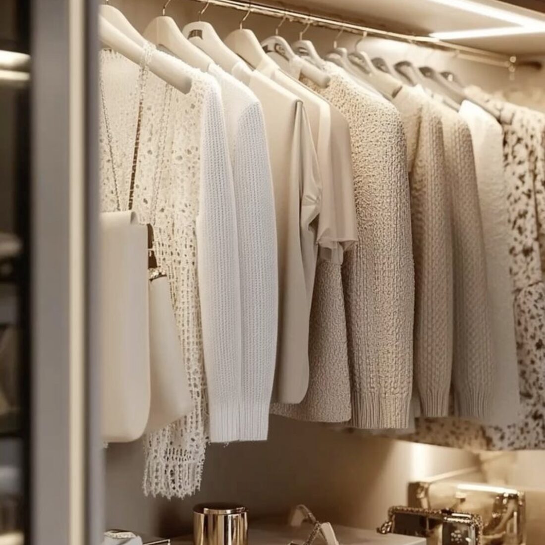 Closeup of a curated closet with neatly hung sweaters and accessories